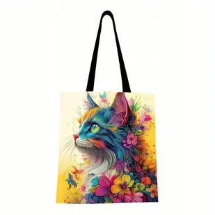 Torba shopperka tote kolorowy niebieski fioletowy kot kwiaty 40x30 cm HIT - Torby i wózki na zakupy - miniaturka - grafika 1