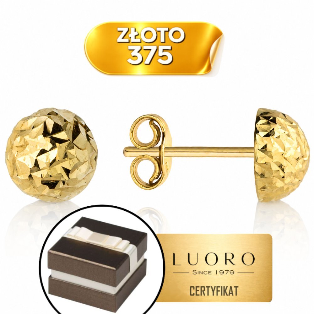 KOLCZYKI ZŁOTE 375 POŁÓWKI KULKI DIAMENTOWANE 7 MM LEKKIE NA SZTYFCIE