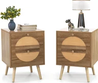 Szafki nocne - COSTWAY stolik nocny rattan zestaw 2, szafka nocna z 2 szufladami, stolik boczny z nogami, stolik do sofy, konsola nocna w stylu boho 40x40x56cm - miniaturka - grafika 1