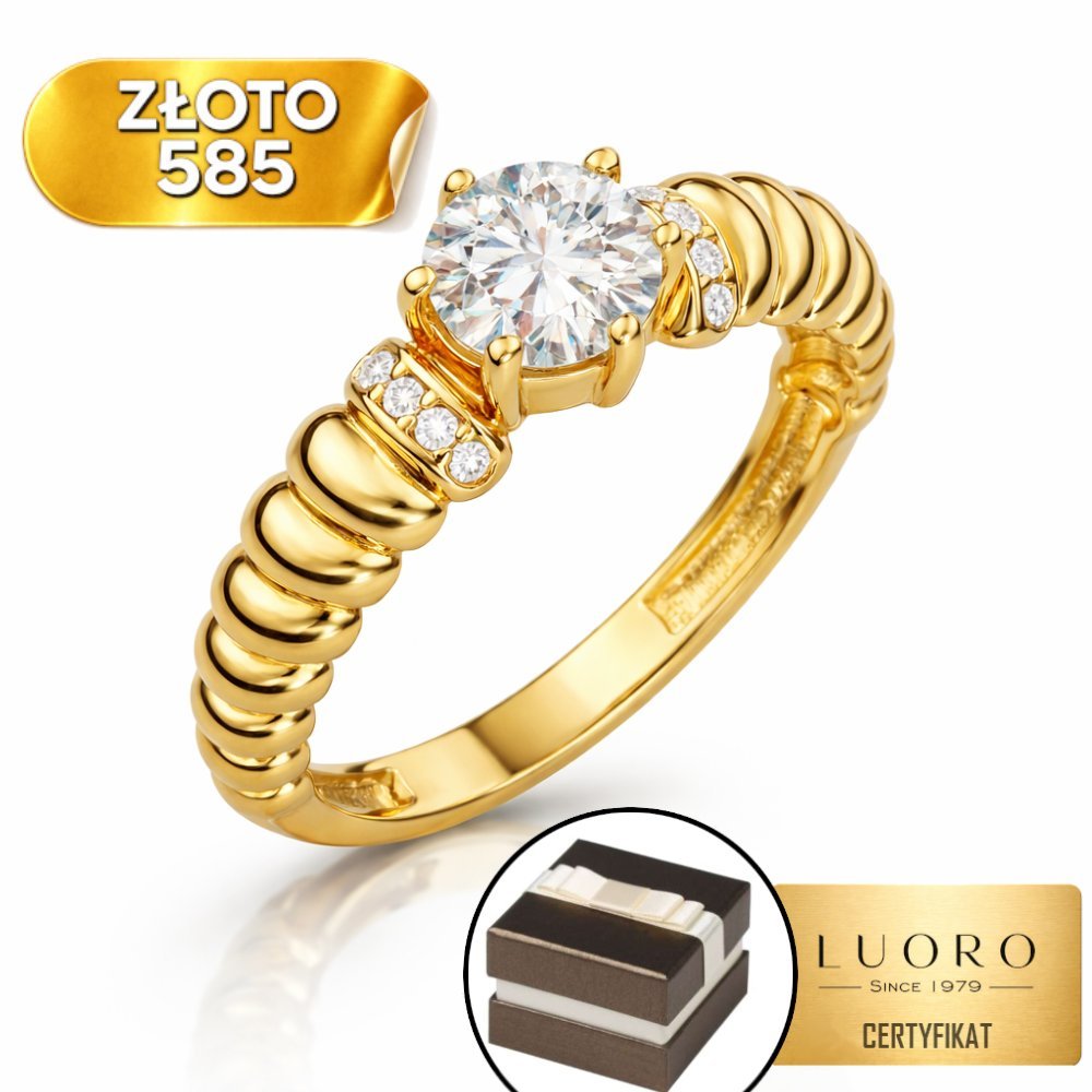 PIERŚCIONEK ZŁOTY 585 14K ŻŁOBIONY Z CYRKONIĄ ŚREDNICA 5,2 MM R13