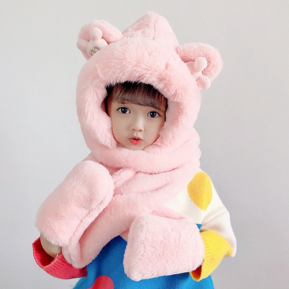 Dziecięca pluszowa czapka z szalikiem i rękawiczkami 3w1 dla dzieci w wieku od 2 do 12 lat –jasnoróżowa