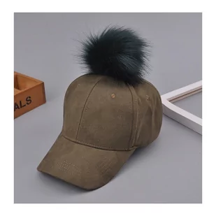 Czapka z daszkiem velvet z pomponem Military CZ13ZIE - Czapki damskie - miniaturka - grafika 1