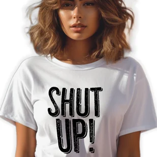 BIAŁA KOSZULKA DAMSKA Krótki Rękaw SHUT UP! Zabawne Wzory Rozmiar XS - Zestawy upominkowe - miniaturka - grafika 1