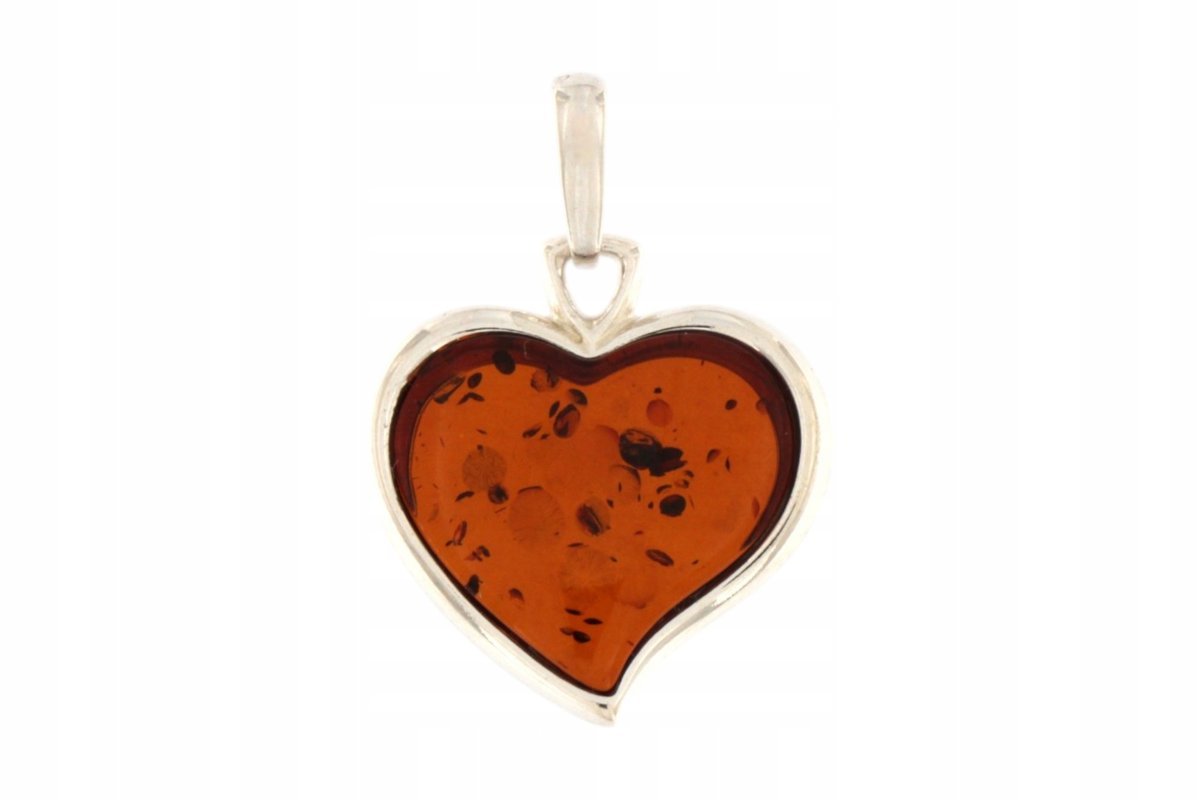 Srebrna zawieszka bursztynowe serce 925 - elegancki duży wisiorek koniakowy