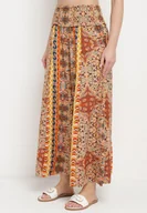 Spodnie damskie - Beżowo-Pomarańczowe Szerokie Spodnie Palazzo z Cienkimi Gumkami w Pasie i Wysokim Stanem Neana - miniaturka - grafika 1
