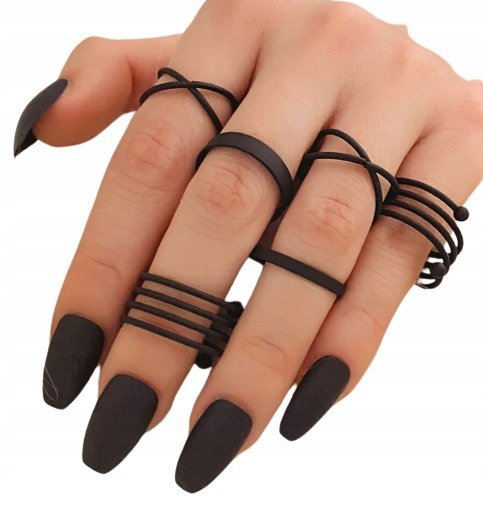 Zestaw 6 Pierścionków Czarnych Black Boho Obrączki 6 X Pierścionek Czarny