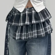 Spódnice - TEMU Mini Spódnica w Kratę Czarno-Białą z Falbankami i Regulowanymi Wiązaniami Boczne - Letni, Casualowy Strój na Wakacje, Tkanina Nieelastyczna do - miniaturka - grafika 1