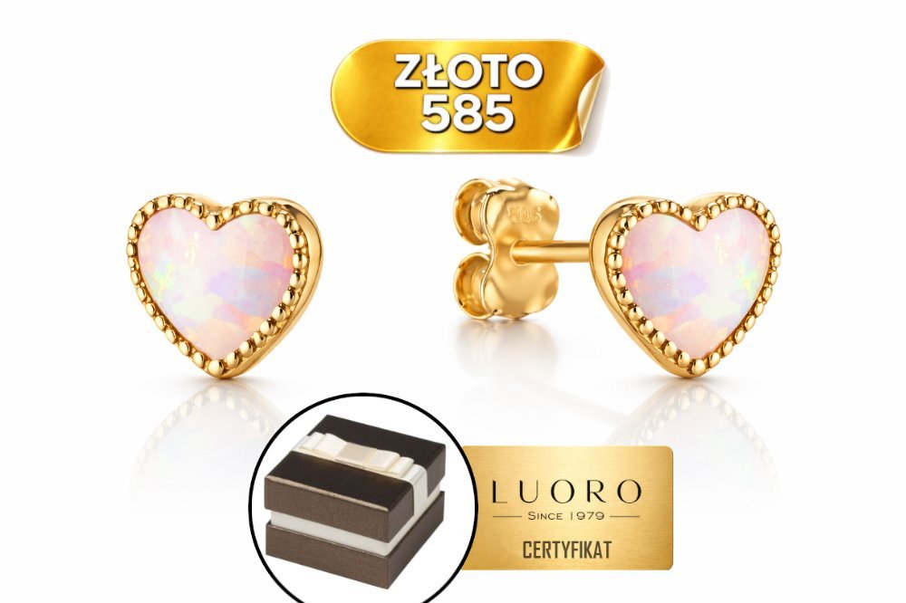 KOLCZYKI ZŁOTE 585 14K SERCE RÓŻOWY OPALIT SZTYFT ELEGANCKIE 6,5 MM