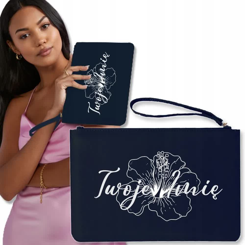 Torebka Kopertówka GRANATOWA Kwiaty TWOJE IMIĘ