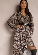 Sukienki - Beżowo-Brązowa Sukienka w Panterkę z Kopertowym Dekoltem Balme - miniaturka - grafika 1