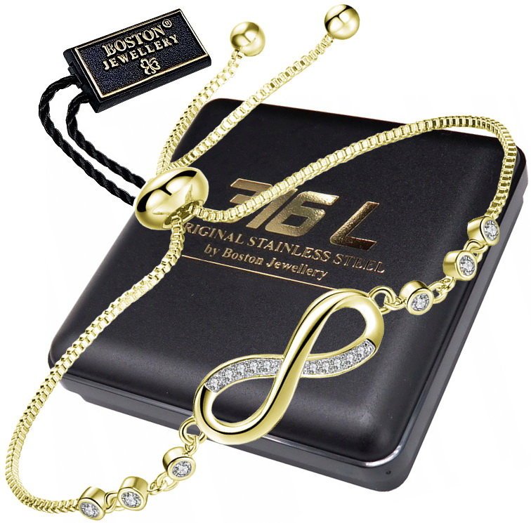 ZŁOTA BRANSOLETKA DAMSKA Z CYRKONIAMI REGULOWANA NIESKOŃCZONOŚĆ NA PREZENT BOSTON JEWELLERY