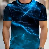 Inne - TEMU 1 szt. Męska koszulka w stylu vintage z nadrukiem 3D błyskawicy, geometryczny wzór, okrągły dekolt, krótki rękaw, casualowy t-shirt w stylu - miniaturka - grafika 1