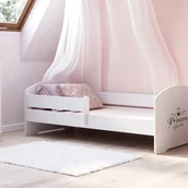 Łóżka dla dzieci i młodzieży - Białe Łóżko Dziecięce 160x80 cm z Barierką – Wzór Księżniczka – W Zestawie Materac Piankowy i Pełna Konstrukcja, Wymiary 164x88x63 cm - miniaturka - grafika 1