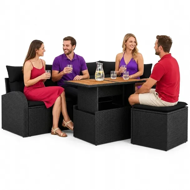 Zestaw Sofy Ogrodowej z Polirattanu, Czarny, 4 Osoby, 40-70x50 cm
