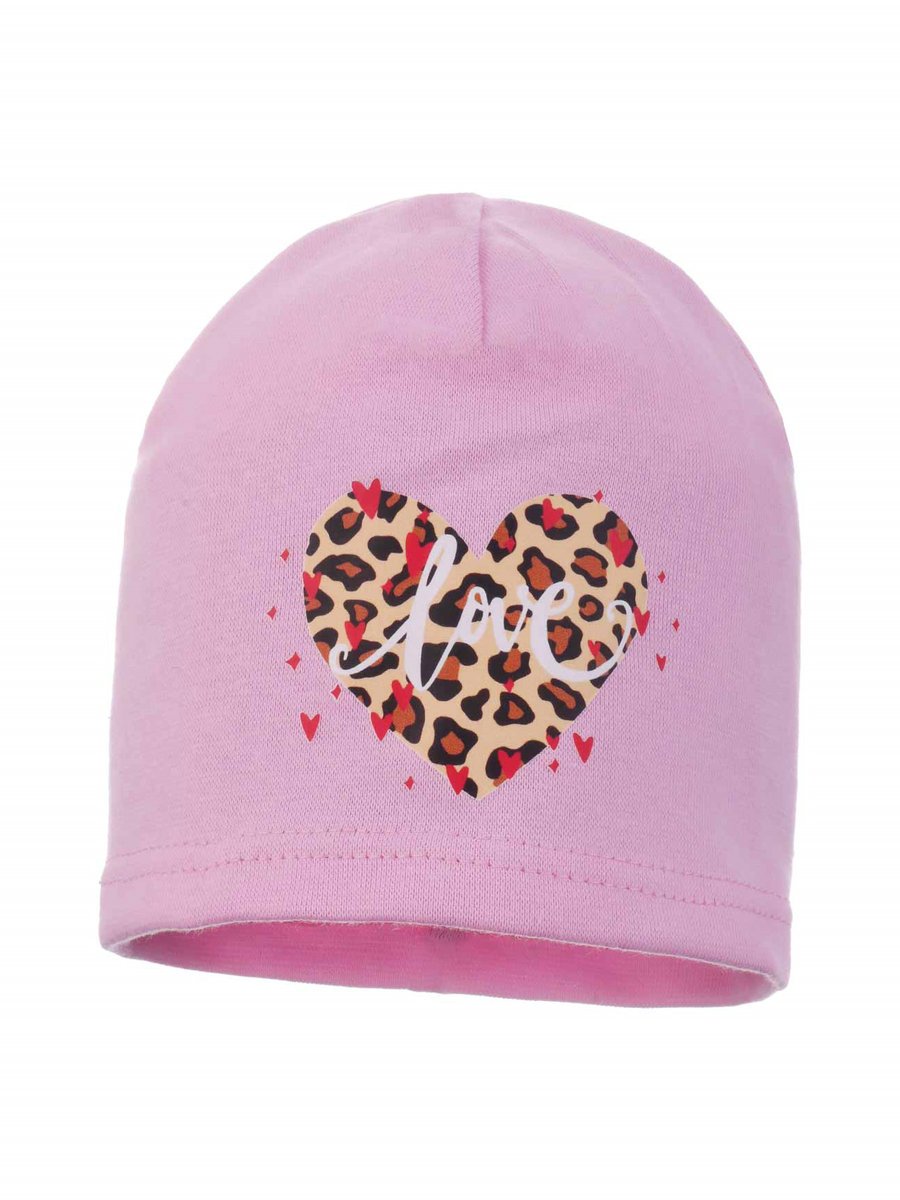 Dziewczęca czapka bawełniana serce panterka jasnoróżowa Ambra r.44/48