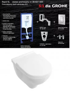 GROHE / VILLEROY & BOCH 38827000 + 5660H101 Rapid SL 7w1 - stelaż + wsporniki + FRESH + mata + przycisk CHROM + VILLEROY&BOCH Miska 56x36cm + deska wolnoopadająca - Miski WC - miniaturka - grafika 1