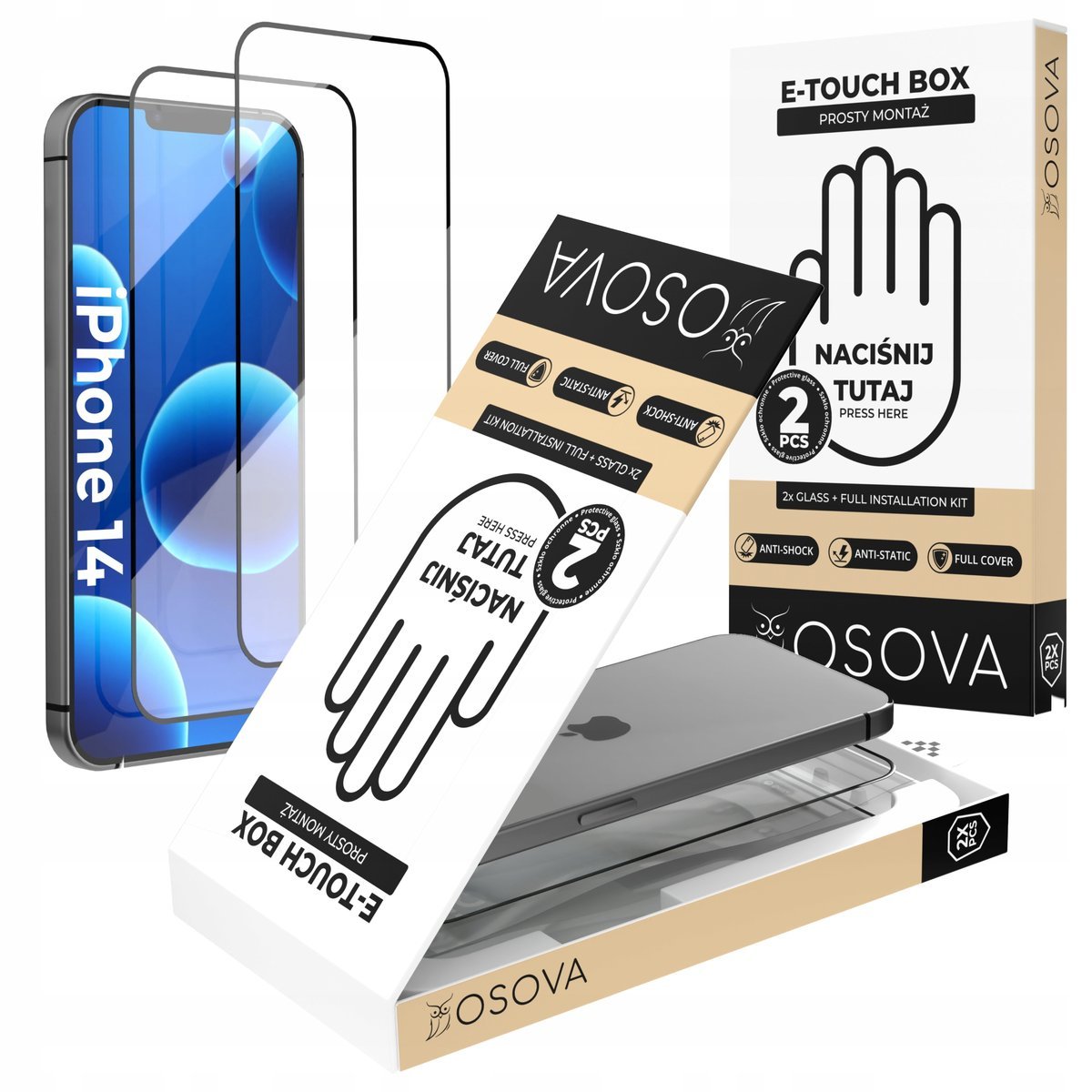 SZKŁO HARTOWANE OSOVA do iPhone 14 SZYBKA Z APLIKATOREM zestaw 2 sztuki