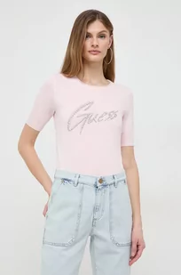 Guess t-shirt damski kolor różowy - Koszulki sportowe damskie - miniaturka - grafika 1