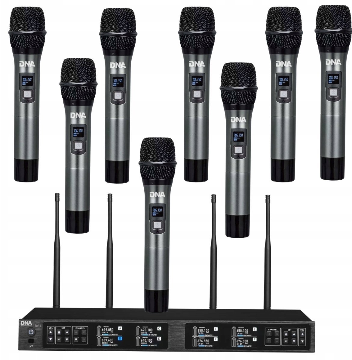 DNA RV-8 zestaw bezprzewodowy 8x bateryjny mikrofo
