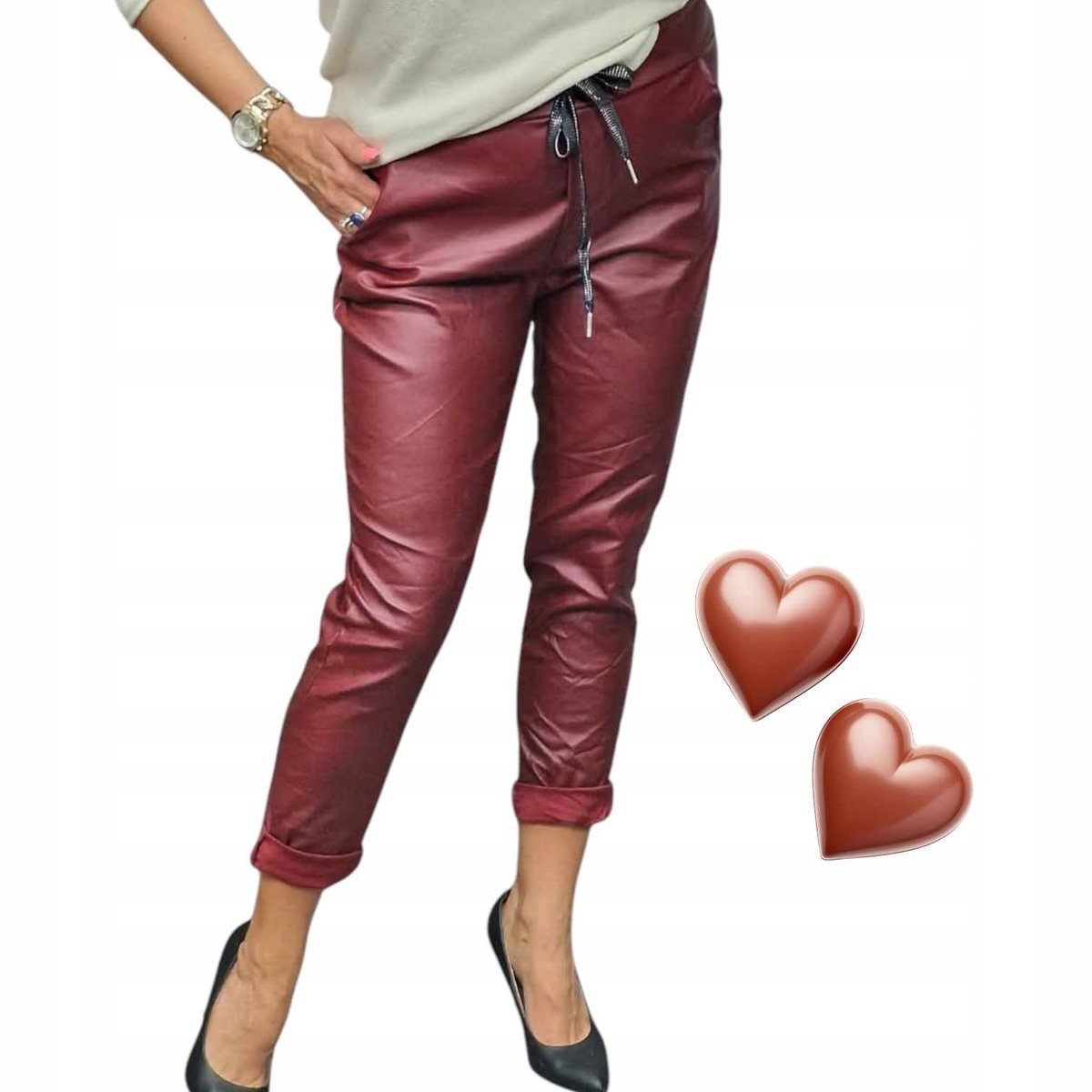 Spodnie gnieciuchy lycra ECO skóra skórki 40 42 L XL BORDO MATOWE