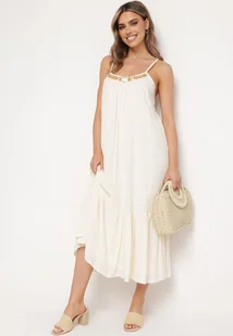 Beżowa Wiskozowa Sukienka z Ramiączkami Zdobiona Cekinami i Metaliczną Nitką Comalara - Sukienki - miniaturka - grafika 1