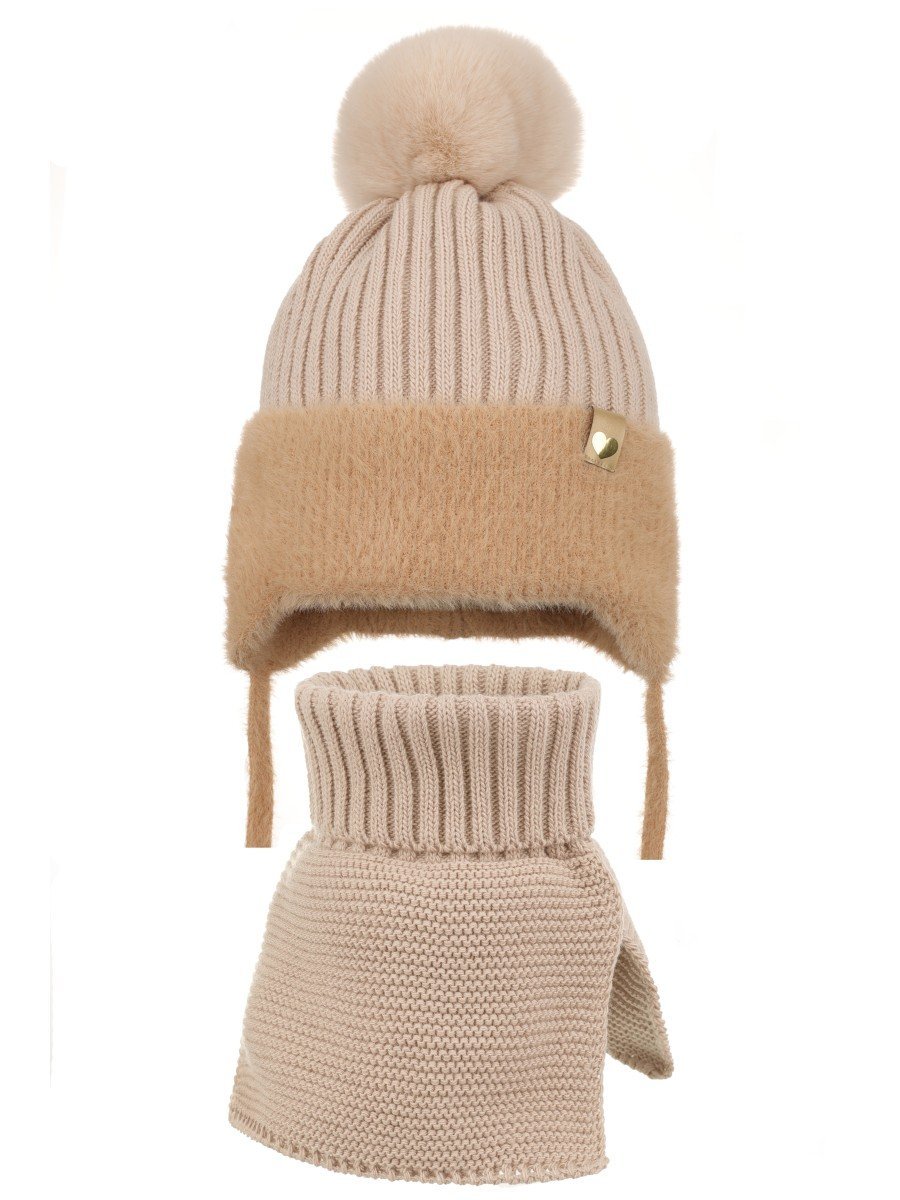 Dziewczęcy komplet zimowy czapka i komin beżowy Ambra r.46/48