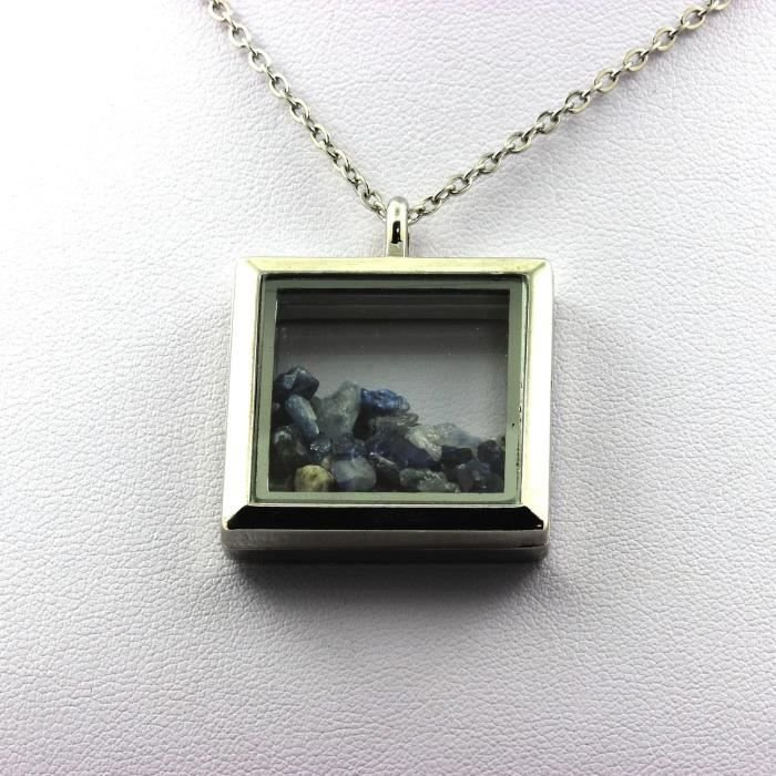 Kamienie i minerały. Naszyjnik z surowego benitoitu. Model kwadratowy. Kolor srebrny.