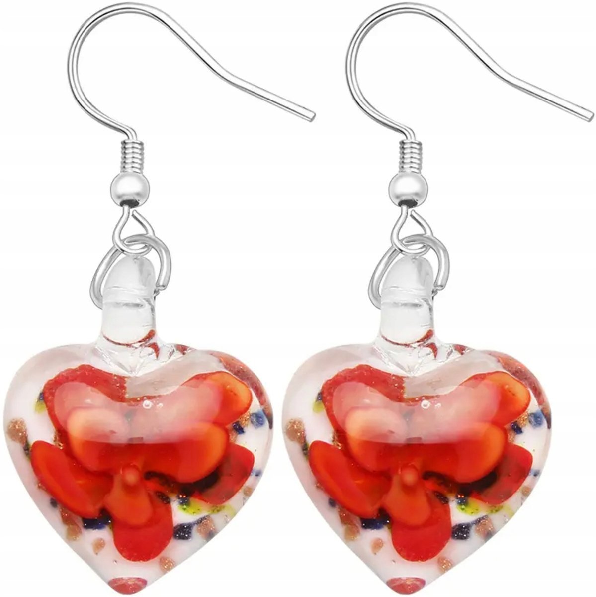 Kolczyki Serca Szklane Czerwone Kwiaty Modne Stylowe Eleganckie Sztyft