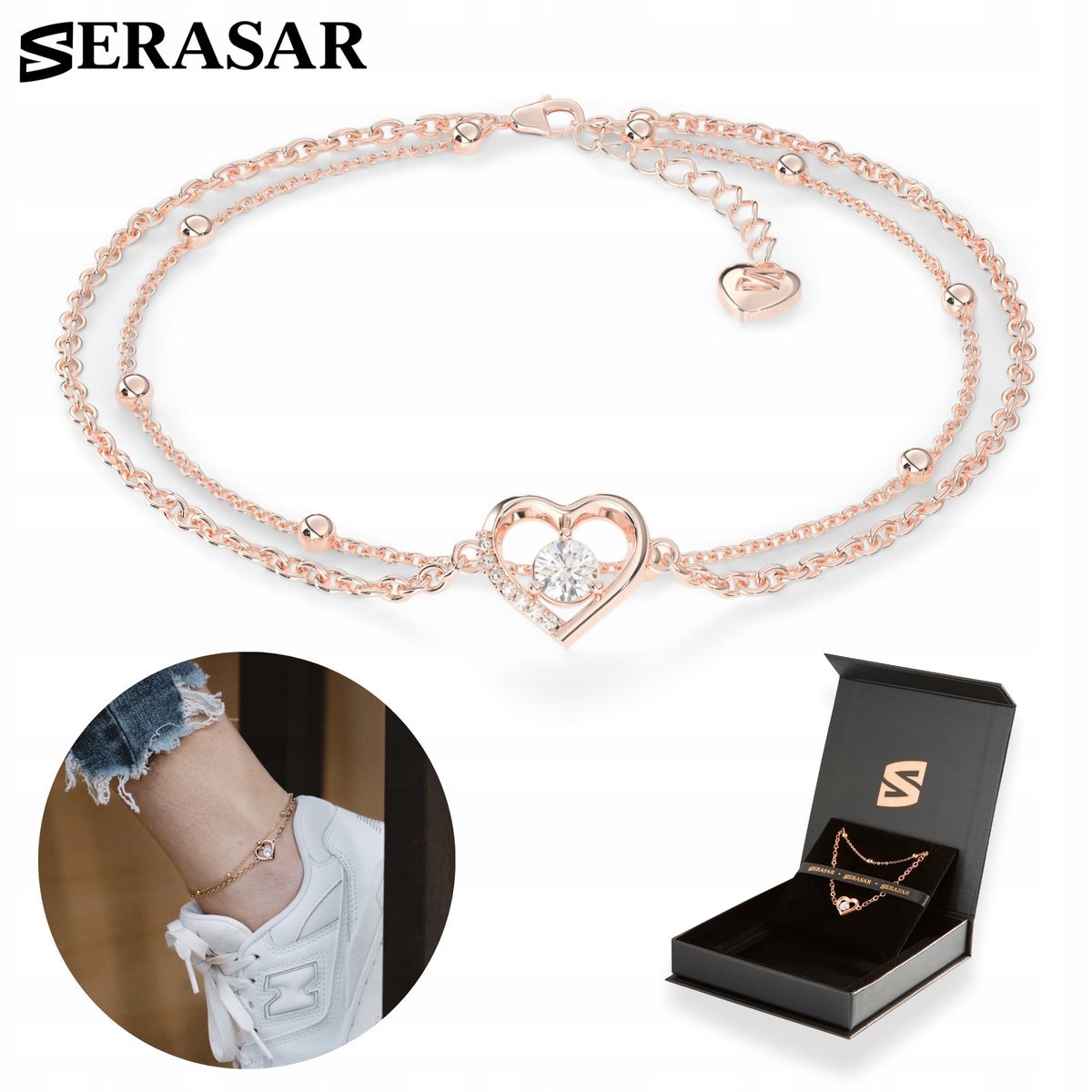 SERASAR, bransoletka na kostkę ze srebra próby 925 dla kobiet z napisem „Heart” wykonana z 18-karatowego złota, regulowana długość, kolor różowego z..