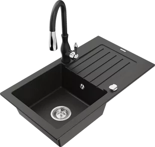 Mexen Pablo zlewozmywak granitowy 1-komorowy z ociekaczem i baterią kuchenną Savita, czarny/złoty metalik - 6510-75-672601-70 - Zlewozmywaki z baterią - miniaturka - grafika 1