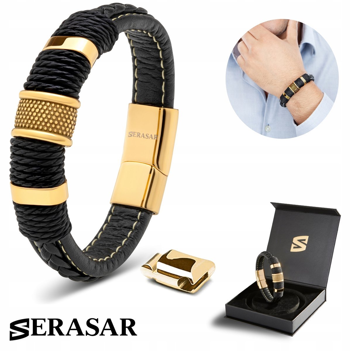 SERASAR męska skórzana bransoletka „Ring”, złoto, 23 cm - ze stalowym zapięciem magnetycznym - w zestawie pudełko prezentowe - modna opaska na nadga..