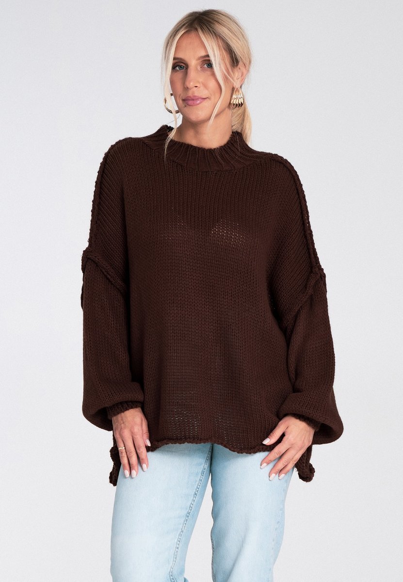 Damski sweter oversize z półgolfem i bufiastymi rękawami na jesień i zimę - M1238, brązowy, S