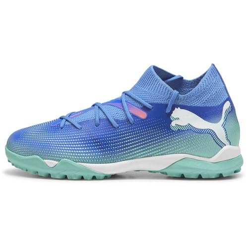 PUMA Unisex Future 7 Match Tt + Mid Jr buty piłkarskie dla dzieci, Bluemazing PUMA biała elektryczna mięta pieprzowa, 34.5 EU