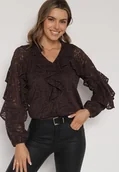 Bluzki damskie - Brązowa Bluzka z Koronki Ozdobiona Falbankami Sewola - miniaturka - grafika 1