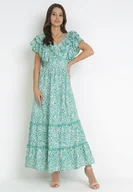 Sukienki - Zielona Rozkloszowana Sukienka Maxi z Ozdobnym Dekoltem i Gumką w Talii z Wiskozy Adyni - miniaturka - grafika 1