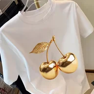 Bluzki damskie - TEMU Koszulka Damska z Krótkim Rękawem i Złotym Nadrukiem Wiśni - Casualowa i Stylowa, Okrągły Dekolt, Miękki Elastyczny Materiał, Idealna na /Letnie - miniaturka - grafika 1