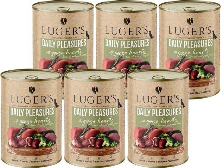Karma mokra dla psa Luger's Daily Pleasures z sercami z gęsi, brokułem i zielonym groszkiem zestaw 6 x 400 g