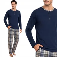 Piżamy damskie - WYGODNA PIŻAMA MĘSKA 100% BAWEŁNA DŁUGIE SPODNIE W KRATĘ DŁUGI RĘKAW L NAVY - miniaturka - grafika 1