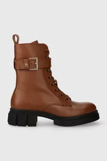 Botki damskie - Tommy Hilfiger workery skórzane COOL FEMININE BIKERBOOT damskie kolor brązowy na płaskim obcasie FW0FW07322 - grafika 1