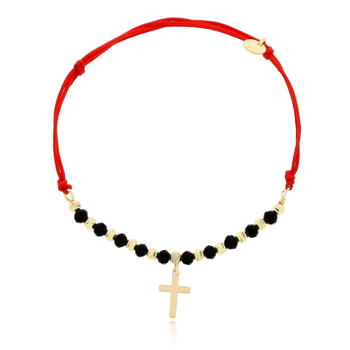 Bransoletka czerwony sznurek krzyżyk, kulki srebro pozłacane pr. 925