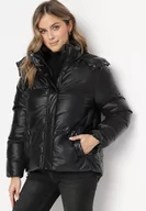 Kurtki damskie - Czarna Kurtka Pikowana z Kapturem i Ściągaczem Harco - miniaturka - grafika 1