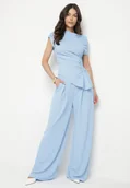 Komplety damskie - Niebieski Komplet Asymetryczna Bluzka z Marszczeniem i Szerokie Spodnie Filuriela - miniaturka - grafika 1