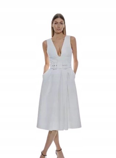 KAREN MILLEN PLUS SIZE SUKIENKA MIDI GŁADKA ECRU ELEGANCKA 44 3_9