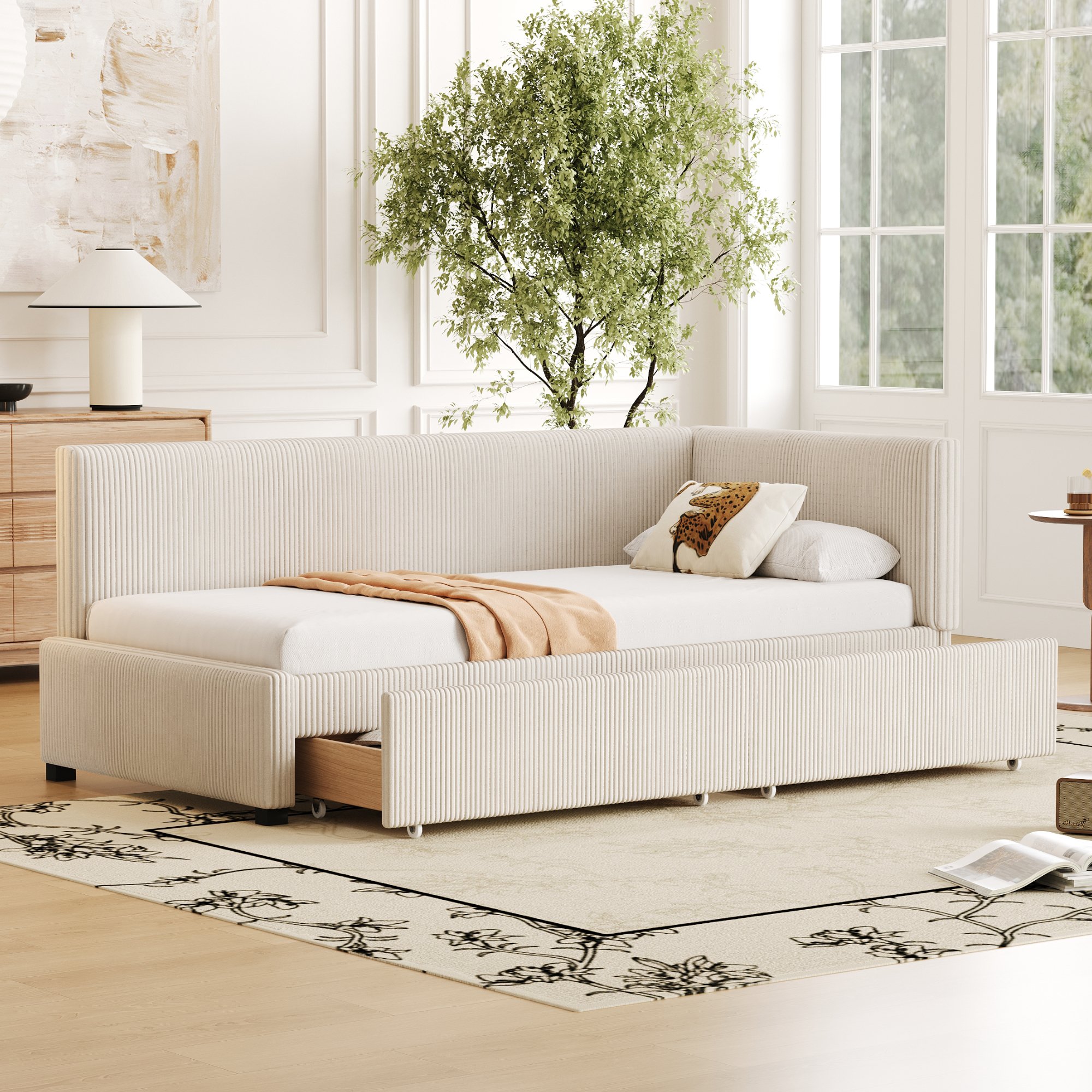 Łóżko tapicerowane Flieks 90x200cm z 2 szufladami, rozkładana sofa, łóżko pojedyncze z listwowym stelażem, rozkładana sofa, funkcjonalne łóżko, łóżko dla gości, aksamit, beżowy