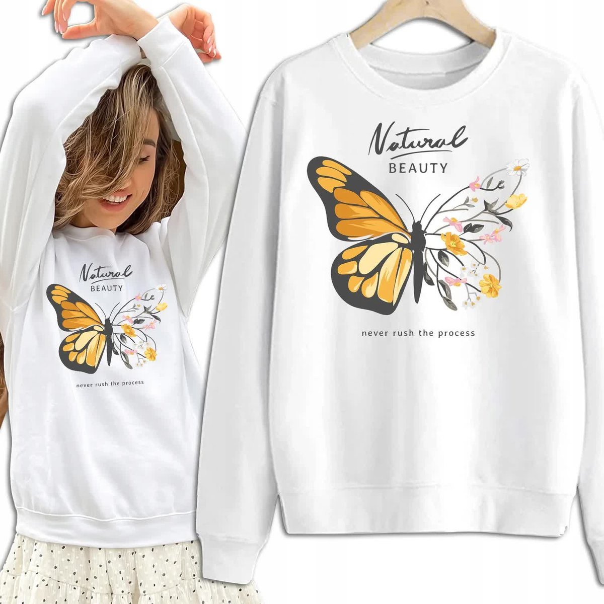 Bluza Damska Biała Dresowa NEVER RUSH THE PROCESS Dziewczęce Wzory Rozm S