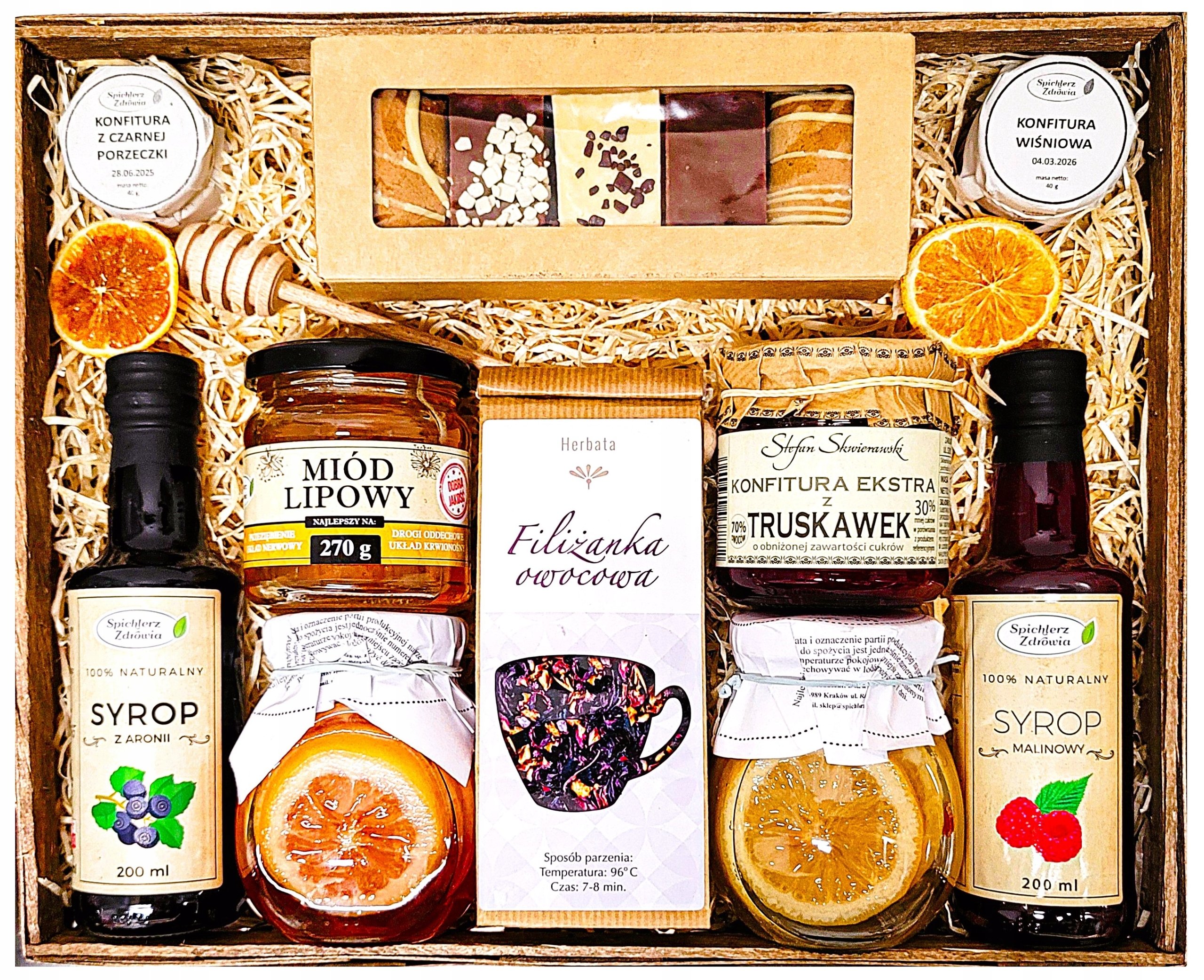 Duży Kosz Prezentowy Upominek Herbata Miód Syrop Przysmaki Pierniki