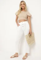 Spodnie damskie - Białe Spodnie z Wysoką Talią Typu Paper Bag z Gumką w Pasie Noravia - miniaturka - grafika 1
