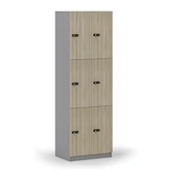 Szafki biurowe - Drewniana szafka skrytkowa, 6 schowków, zamek mechaniczny z kodem, szary/dąb naturalny - miniaturka - grafika 1