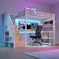 Łóżka dla dzieci i młodzieży - Łóżko piętrowe 90 x 200 cm z biurkiem i półką - Żelazna rama - Oświetlenie LED, 2 porty USB i 1 port typu C - Białe (materac nie jest wliczony w cenę) - miniaturka - grafika 1