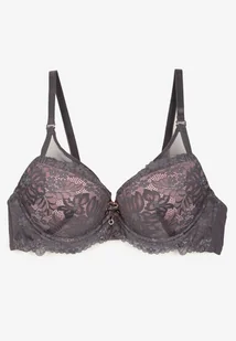 Szaro-Różowy Biustonosz Push Up Ozdobiony Koronką i Transparentnymi Wstawkami Temindara - Biustonosze - miniaturka - grafika 1